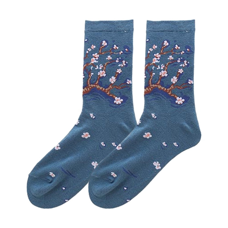 Art Vintage Colorful Socks - Navy Blue / All Code
