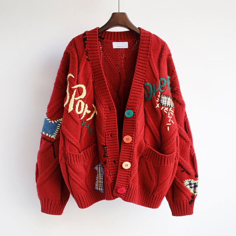 Letters Embroidery Knitted Cardigan Sweater - Red / S
