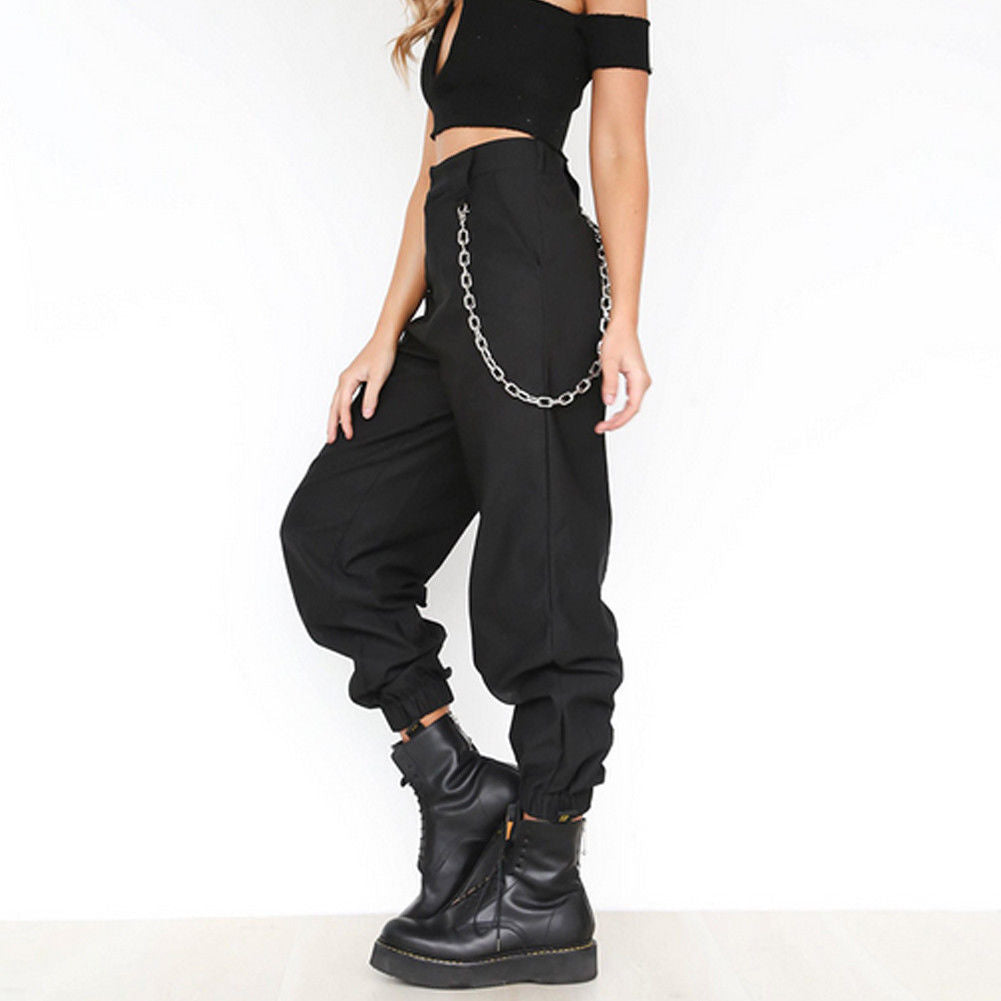 High Waist Chain Hip-Pop Combat Cargo Harem Pants - black /