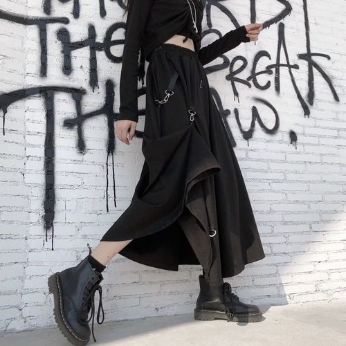 Black Irregular High Waist Splicing Buckle Gothic Skirt - S