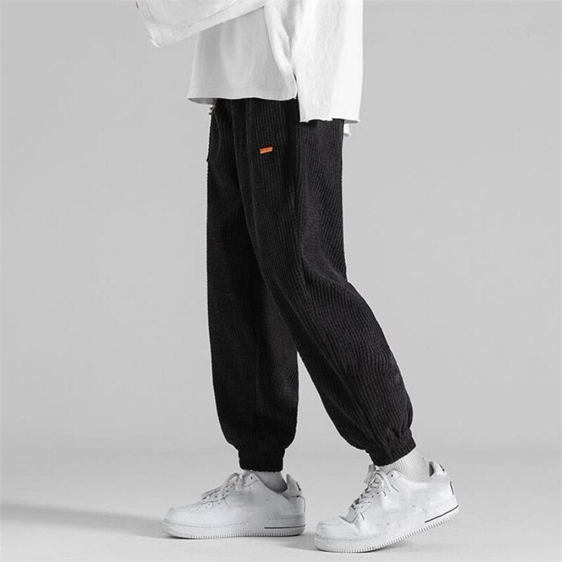 Corduroy Solid Color High Waist Sweatpants - M / Black