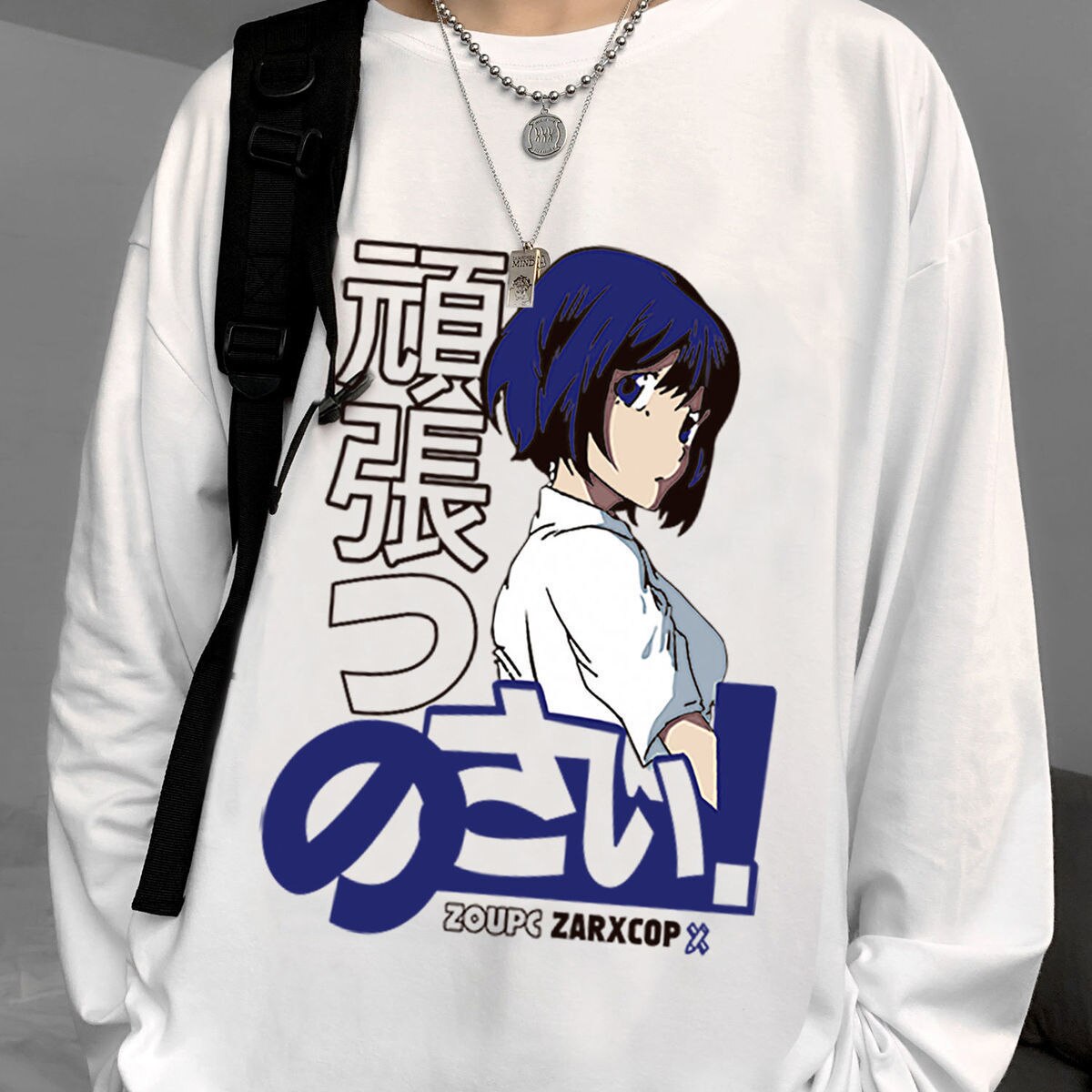 Anime and Happy Face Print Oversized Sweatshirt - White-Blue