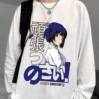 Thumbnail for Anime and Happy Face Print Oversized Sweatshirt - White-Blue