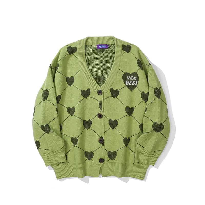 Heart Knitted Loose V Neck Cardigan - Green / S - Cardigans