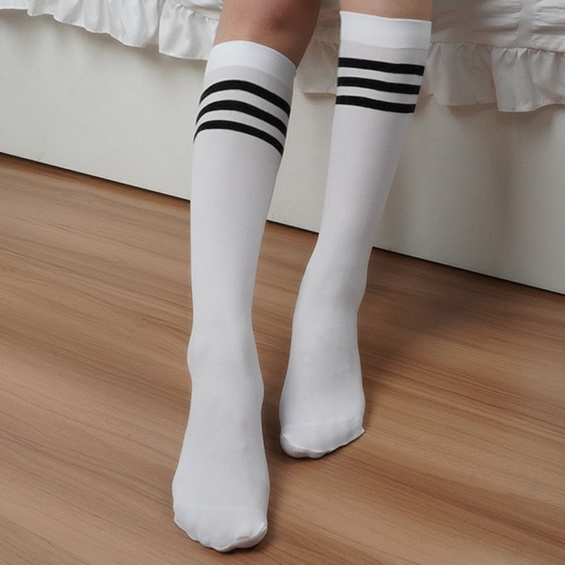 Solid Color Knee High Socks Mesh - white stripe / One Size