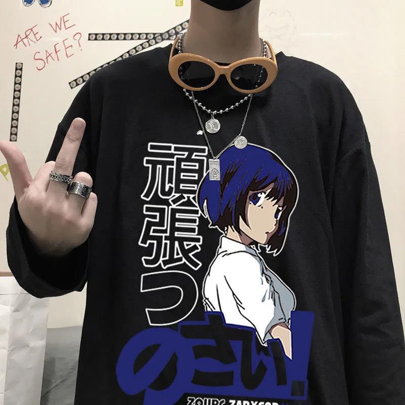 Anime and Happy Face Print Oversized Sweatshirt - Black-Blue
