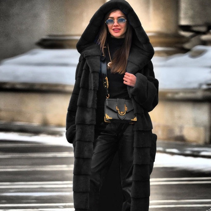 Solid Color Furry Warm Faux Fur Long Coat - Black / S