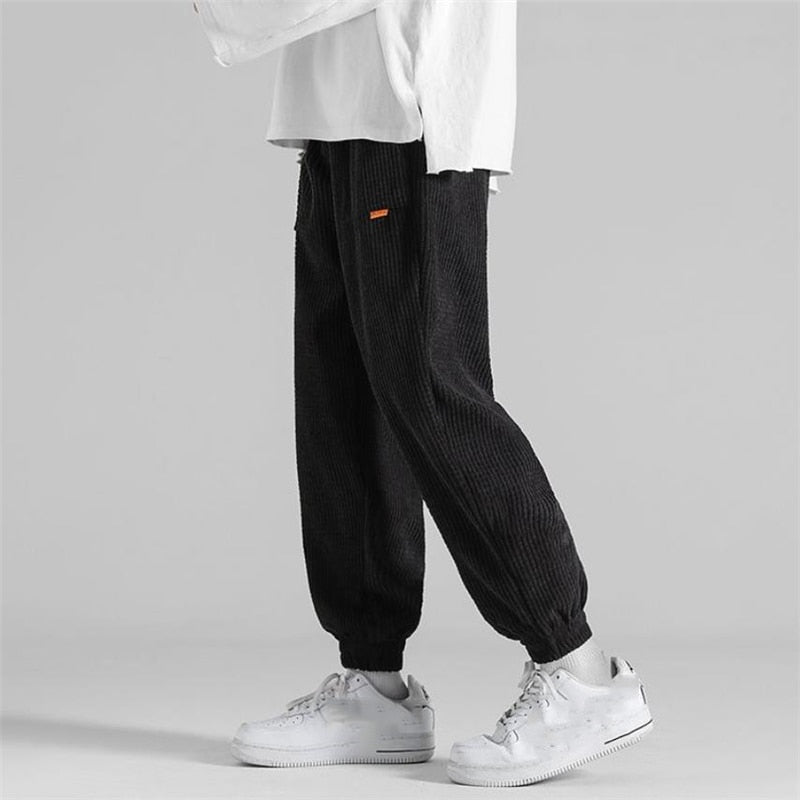 Corduroy Solid Color High Waist Sweatpants - M / Black.