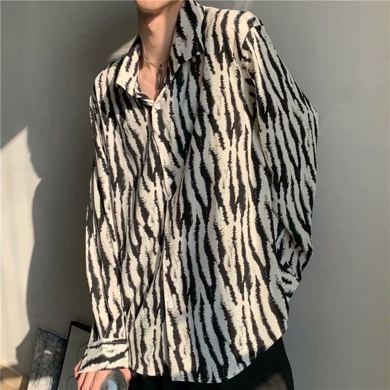 Zebra Striped Oversized Long Sleeve Shirt - Black / S