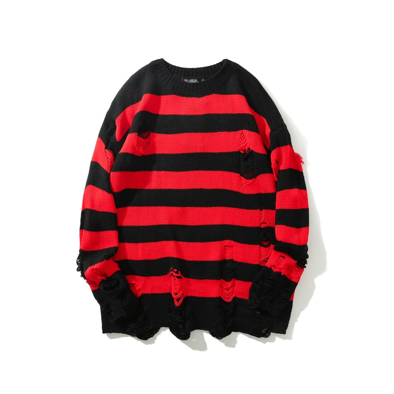 Striped Washed Destroyed Ripped Sweater - RED / XXL