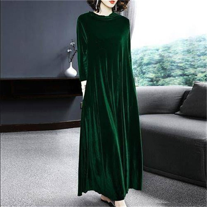 Winter Vintage Loose Velvet Long Dress - Green / M