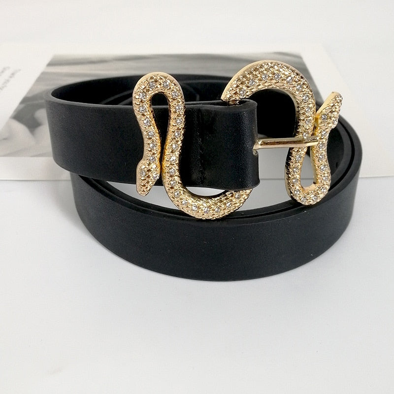 Shinny Rhinestone Snake Buckle PU Leather Belt - 102x2.8 cm