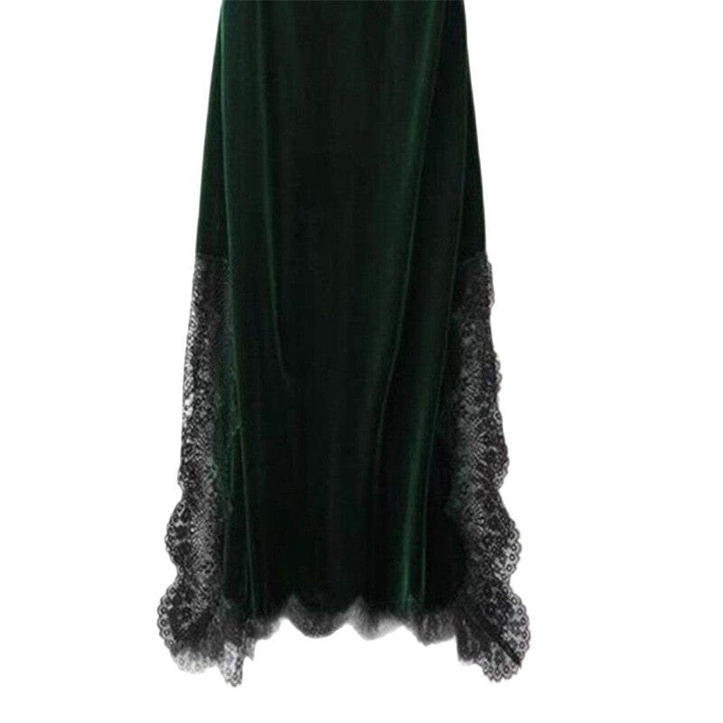 Velvet Goth Vintage Lace Patchwork Long Skirt - Green/Skirt