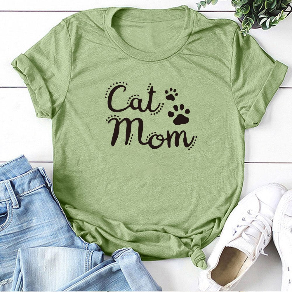 Cat Mom Printed T-Shirt - Green / S - T-shirts