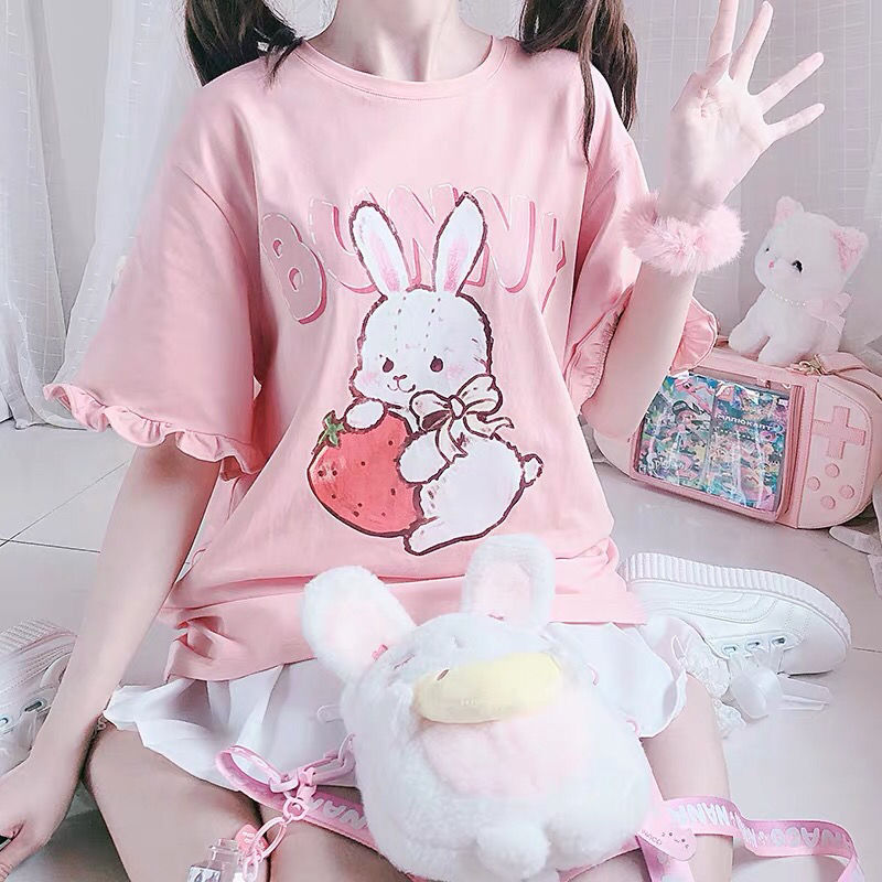 Cute Kawaii Strawberry Bunny Print Tshirt - T-Shirt