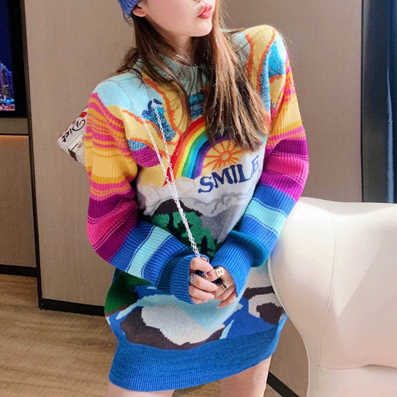 Smile Rainbow Striped Embroidered Knitted Oversize Sweater