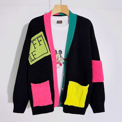 Cute Multicolored Patchwork Cardigan - black / One Size