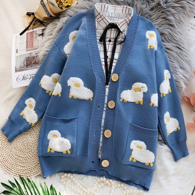 Sheeps Embossed Knitted Cardigan - Blue / One Size -