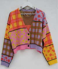 Thumbnail for Fashion Patchwork Knitted Cardigan - Pink-Purple / S