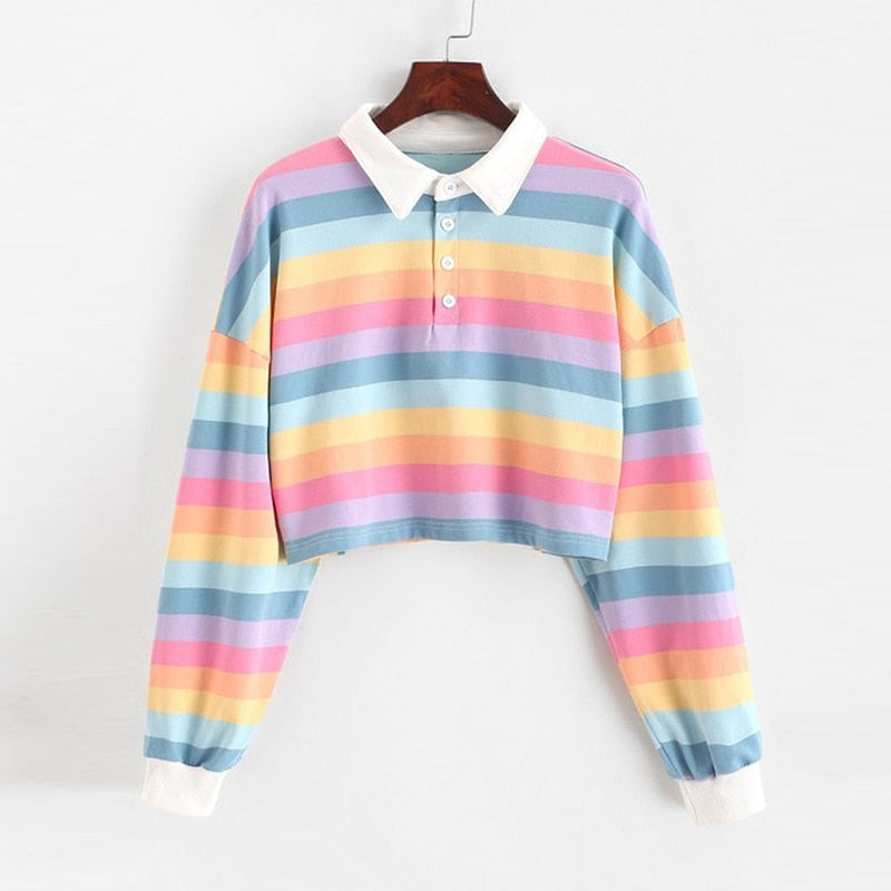 Rainbow Color With Button Striped Sweatshirt - Pastel / S -