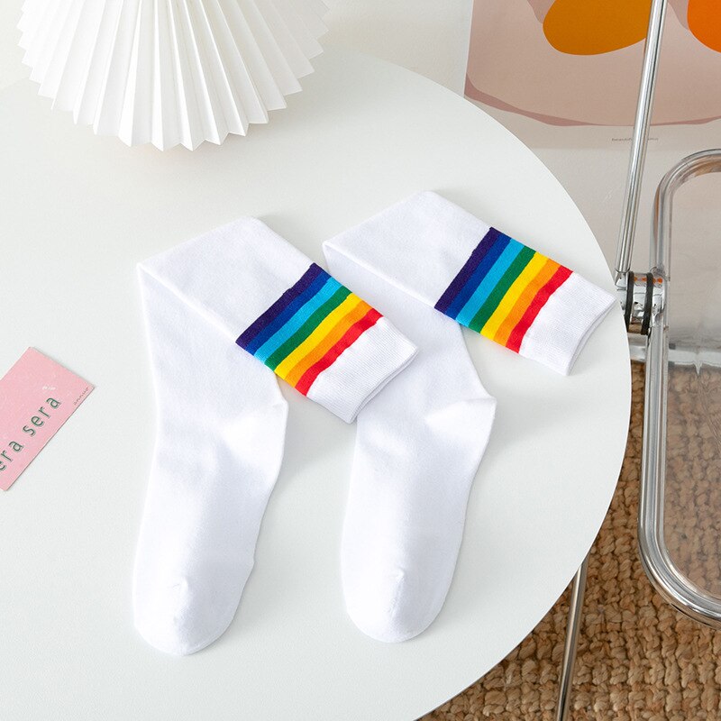Rainbow Stripe knee Long Socks - White / One Size