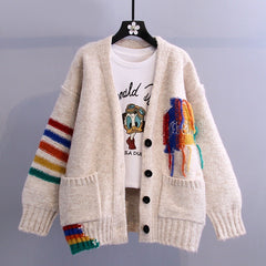 Rainbow Buttons Tassel Knitted Cardigan Sweater - Khaki /
