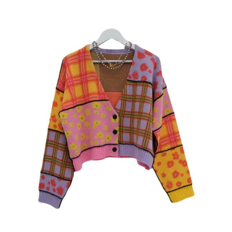 Floral Plaid Splicing Single-breasted Knitted Cardigan -