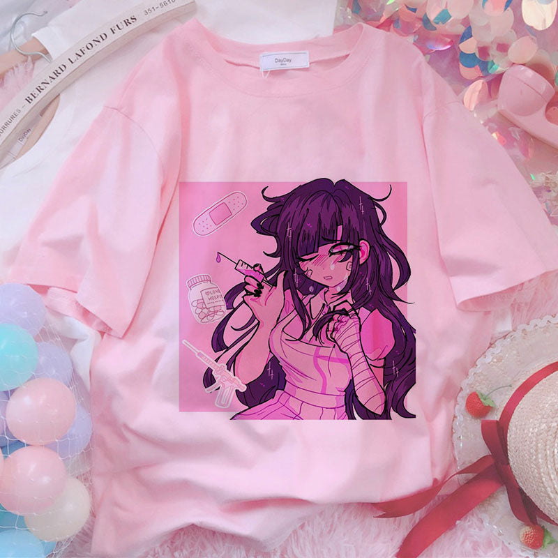 Sweet Girls Anime Style Oversize T-Shirt - Pink E / S