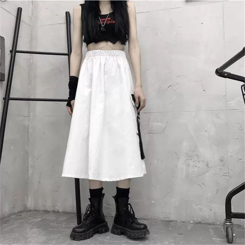 High Waist Loose Cargo Gothic Skirt - White / ONE SIZE