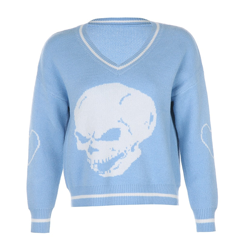 White Skull Pattern Oversize Sweater - Blue / S
