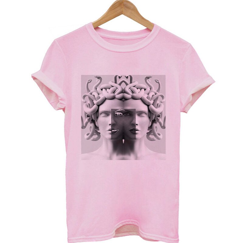 Medusa Sculpture Pink Vaporwave Print T-Shirt - Gray / S