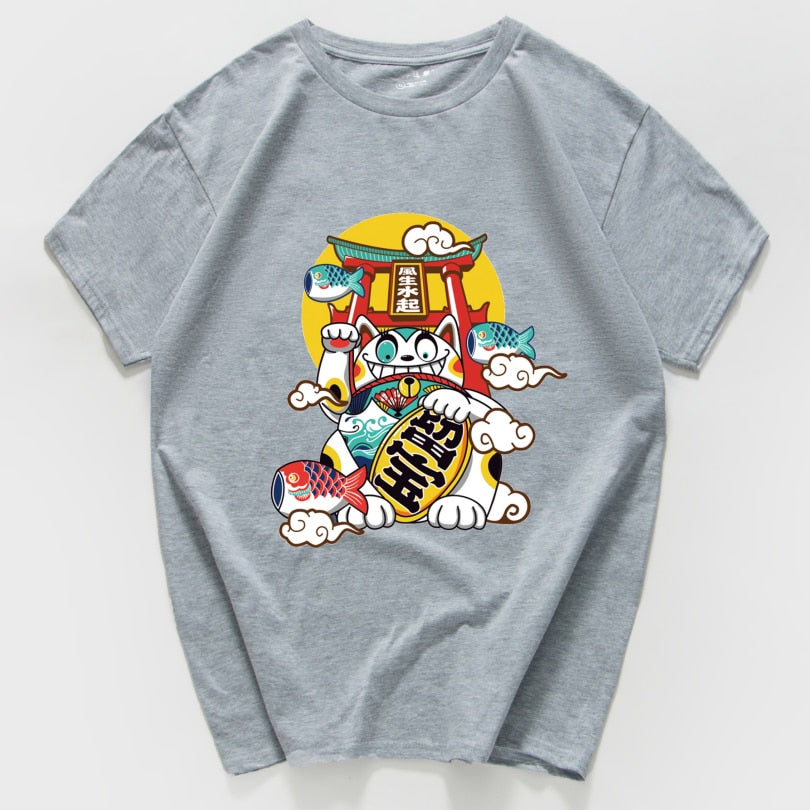Japanese Harajuku Lucky Cat T-Shirt - Grey / S