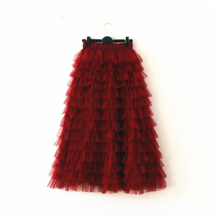 Ruffled Mesh Tutu Skirts - Red. / S