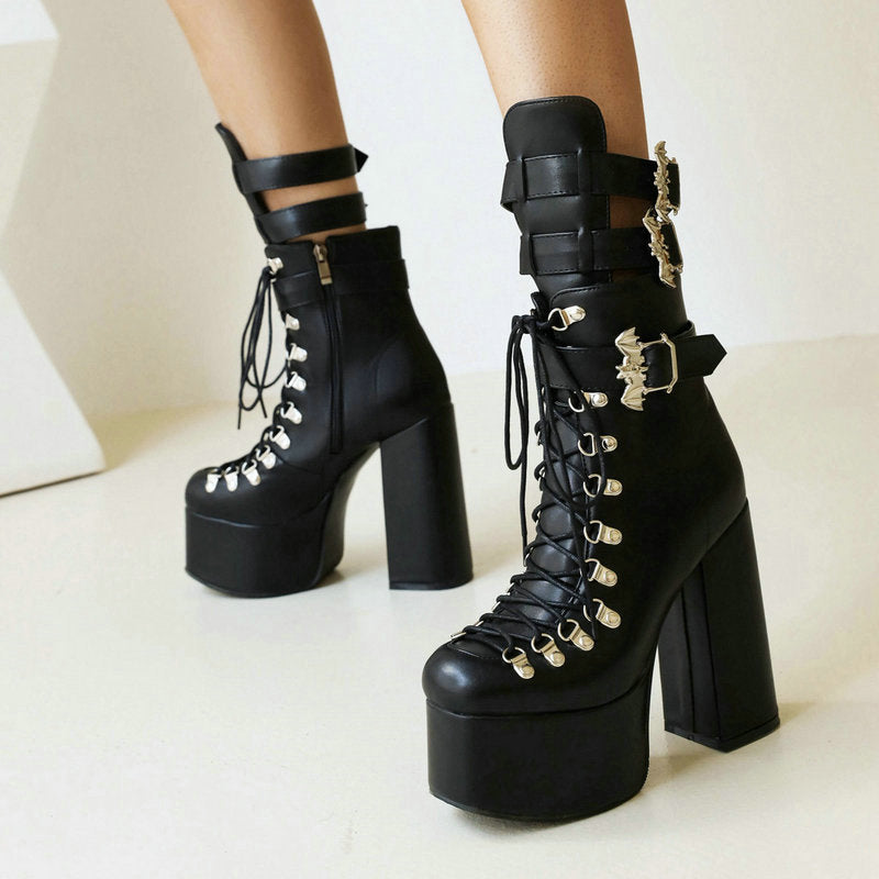High-Heeled Ankle With Bat Buckle And Laces Boots - Black PU