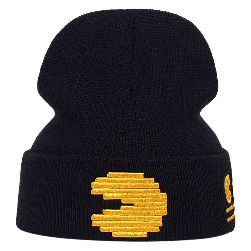 Pac-Man Knitted Embroidered Beanie - black 2 / One Size