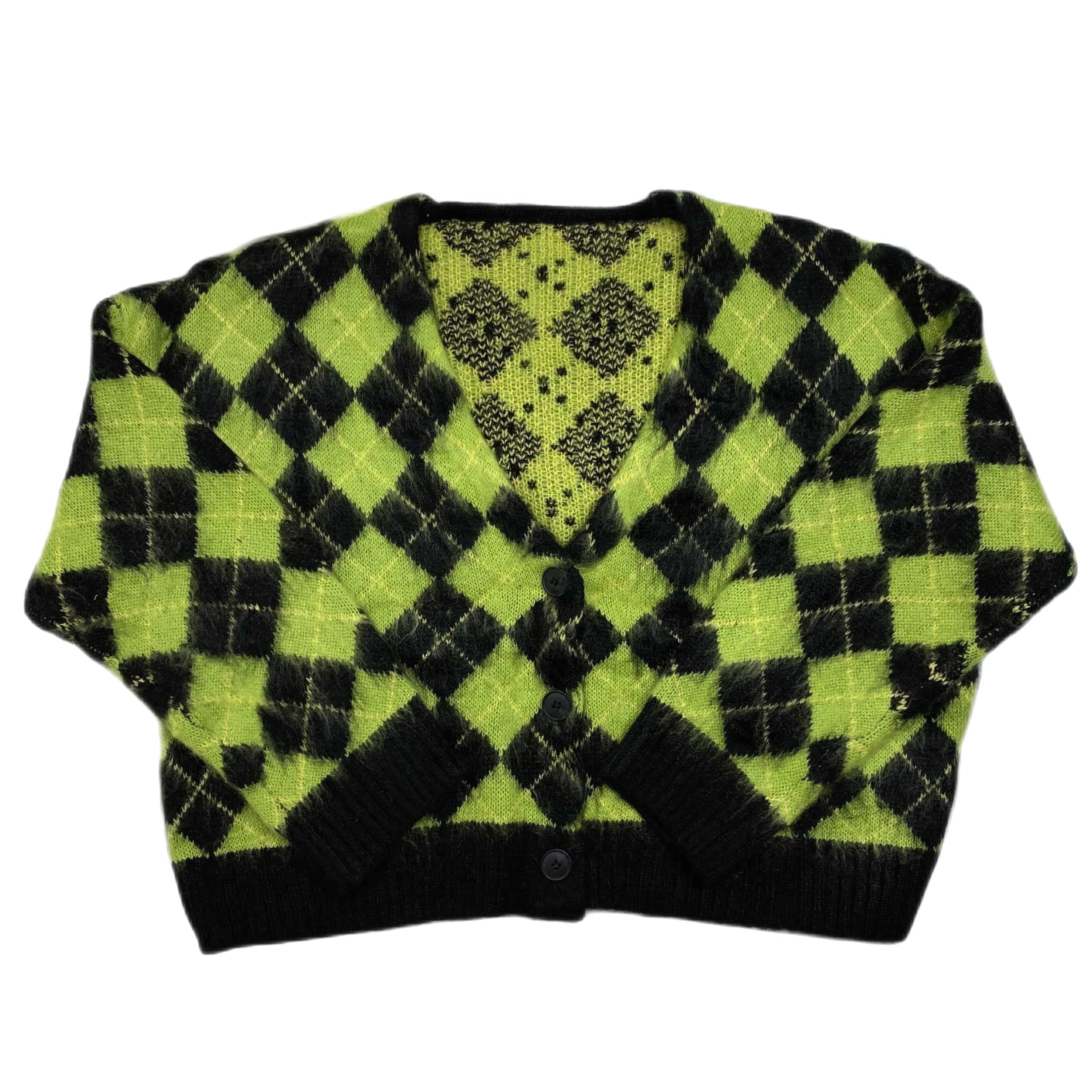 Chess Pattern Square Knitted Cardigan Sweater - Green / S