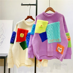 Patch Color Contrast Appliques Knitted Oversize Sweater