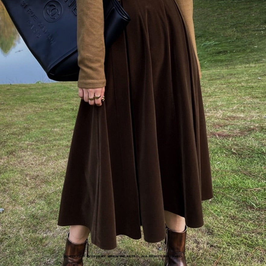 Solid Color Velvet Long High Waist Skirt - coffee / One Size