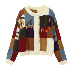 Floral Embroidery Cardigan Plaid Sweater - S / Multicolor