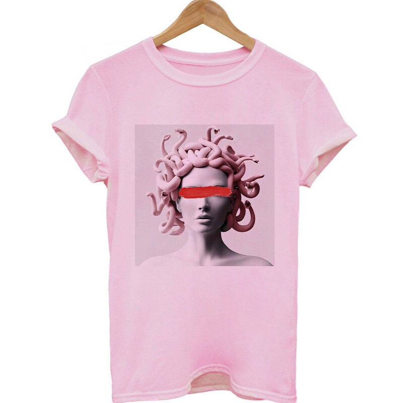 Medusa Sculpture Pink Vaporwave Print T-Shirt - Red / S