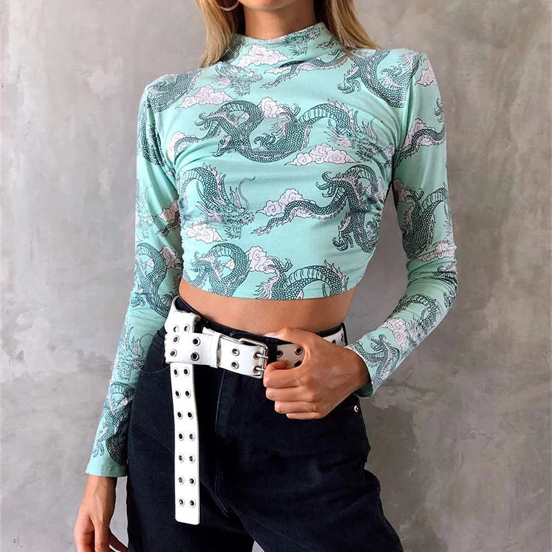 Backless Tie Up Turtle Neck Long Sleeve Crop-Top - Green / S