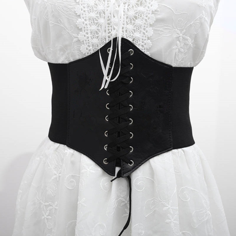 Corset with Laces Elastic Waist PU Leather Belt