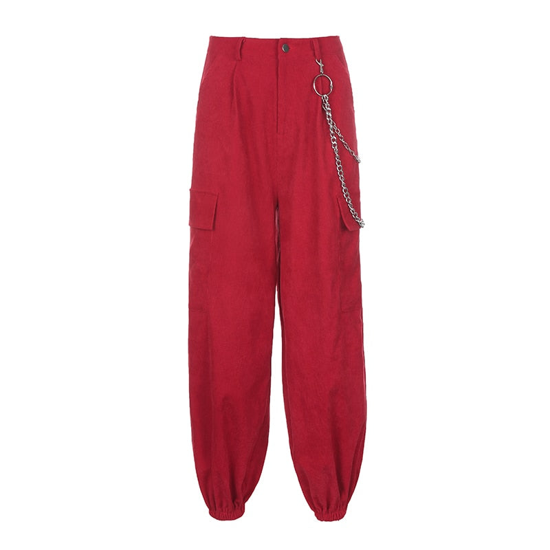 Red Big Pockets Chain Zipper High Waist Cargo Pants - S