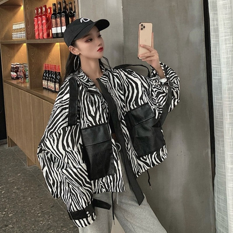 Cebra with large pockets Oversize jacket - Black-White / S -