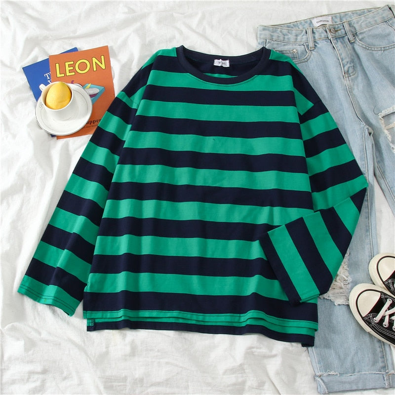 Striped Oversize Sweatshirt Long Sleeve - Green / M -