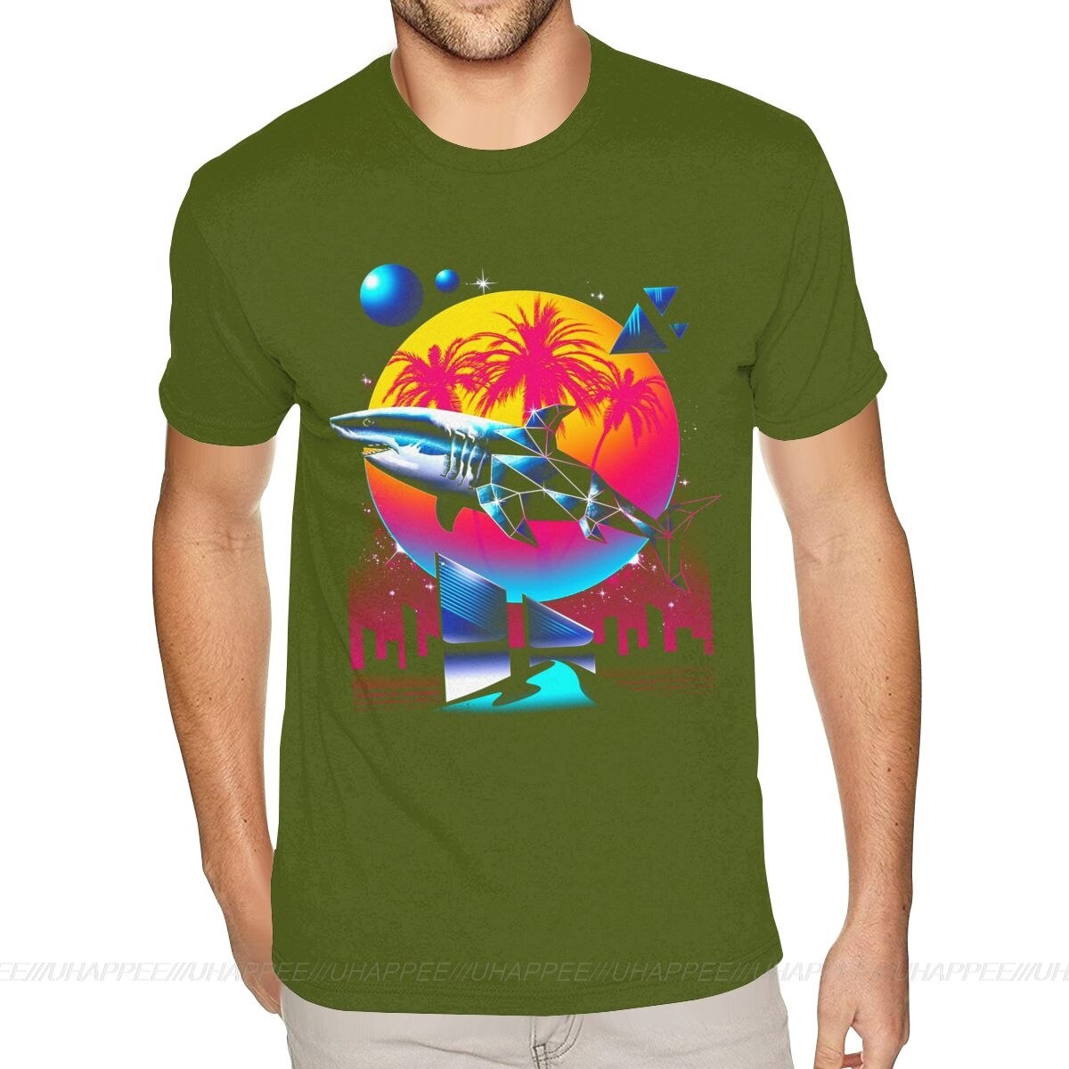 Aesthetic Shark Vaporwave T-Shirt - Army Green / S
