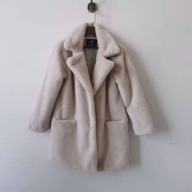 Solid Color Faux Fur Middle -Long Coat