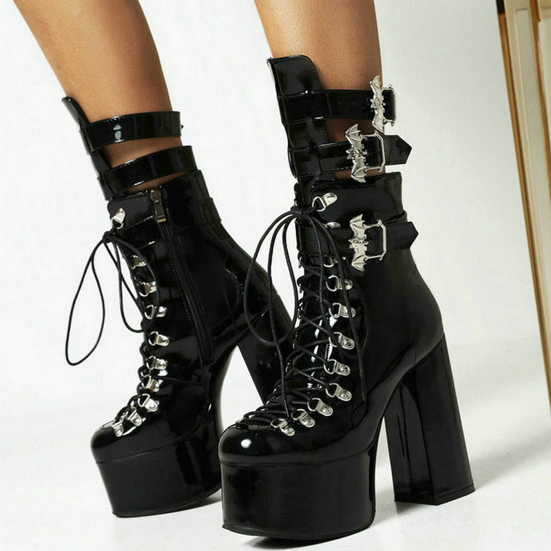 High-Heeled Ankle With Bat Buckle And Laces Boots