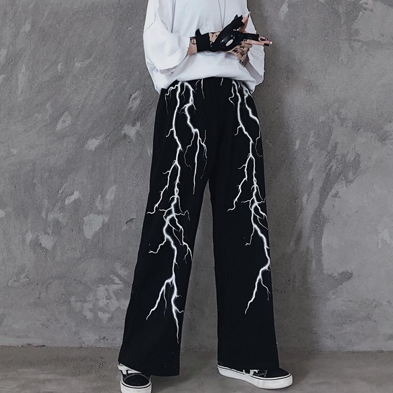 Lightning Printed Dark Baggy Pants - M / Black