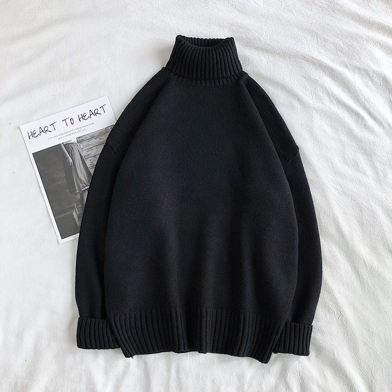 Solid Color Korean Style Turtleneck Sweater - Black / M